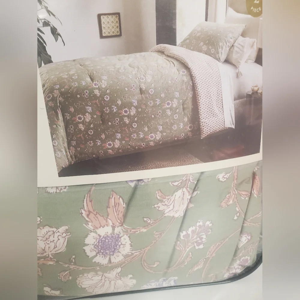 Long Boho Full Queen Reversible Comforter & Sham 3pc Set Green Threshold